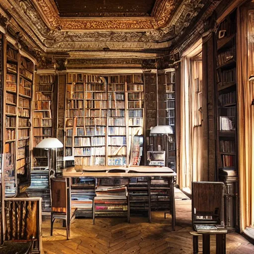 Prompt: a sunken library inside an abandoned 19th century victorian mansion