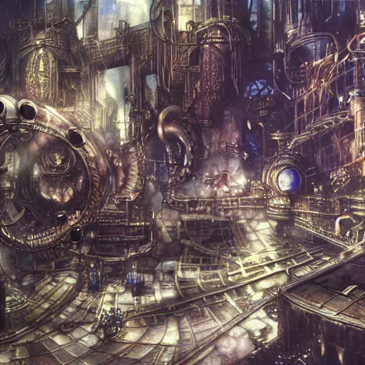 Image similar to conceptual art from from final fantasy 7, the steam punk city midgard by master artist yoshitaka amano