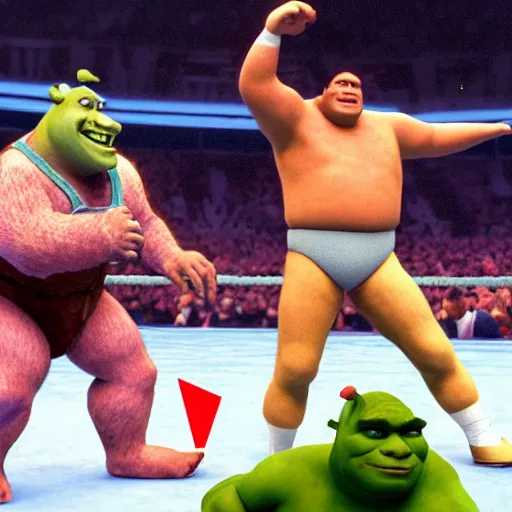 Prompt: shrek vs andre the giant at wrestlemania 8, high definition, 8k