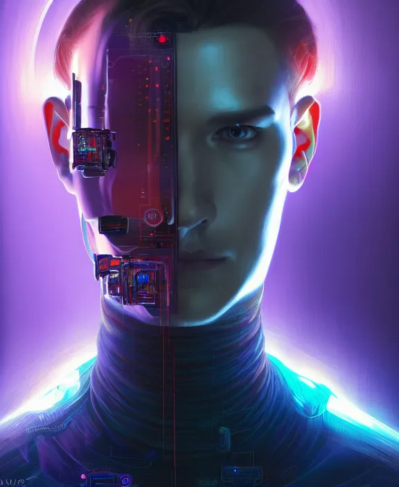 Prompt: a whirlwind inside the metaverse, guy, male, man, science, machine face, futuristic, hologram, half body, neurochip, android, cyberpunk face, by loish, d & d, fantasy, intricate, elegant, highly detailed, colorful, digital painting, artstation, concept art, art by artgerm and greg rutkowski and alphonse mucha