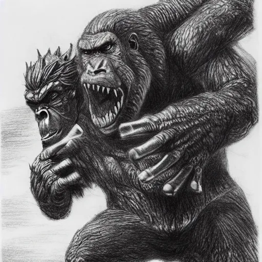Prompt: Godzilla Fighting King Kong, beautiful, pencil sketch, HD,highly detailed