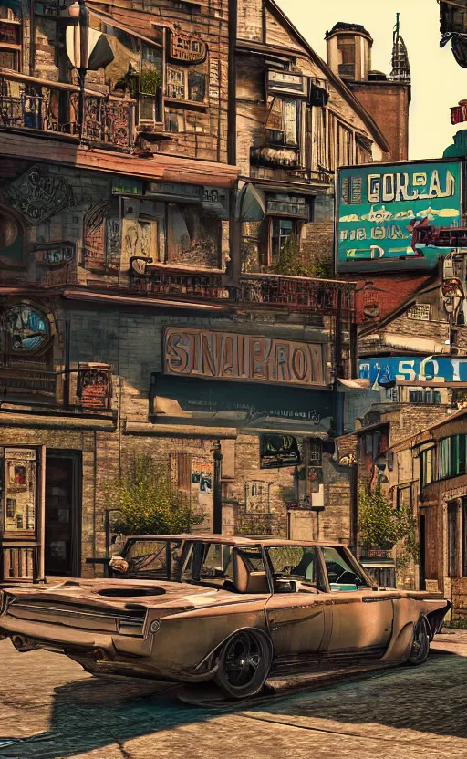 Prompt: gta 6 set on england roman steampunk town ultra cool and realistic poster, hdri lighting, realistic, cool poster, neon