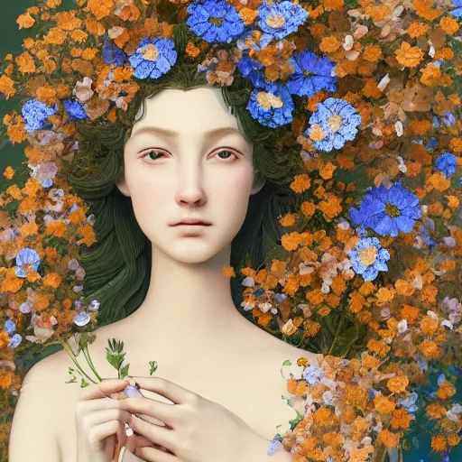 Image similar to goddess of nemophila flowers portrait, amalgamation of leaves and flowers, orthodox saint, beautiful raking sunlight, nemophila flowers, no hands. intricate artwork by Hsiao-Ron Cheng. octane render, trending on artstation, greg rutkowski. cinematic, hyper realism, high detail, octane render, 8k