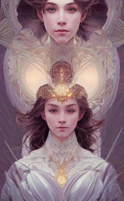 Image similar to symmetry!! portrait of beauty of heaven, intricate, elegant, highly detailed, digital painting, artstation, concept art, smooth, sharp focus, illustration, art by artgerm and ross tran and greg rutkowski and alphonse mucha, 8 k