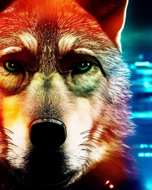 Prompt: still of a poster with a close up photo of a real wolf wearing sunglasses, black background, in the movie Blade Runner 2049, HD, neon lit, highly detailed, no text