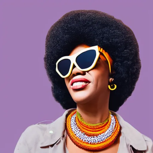 Prompt: 70s pop art of an African american woman with a large afro, wearing sunglasses and a beautiful necklace, vibrant solid background