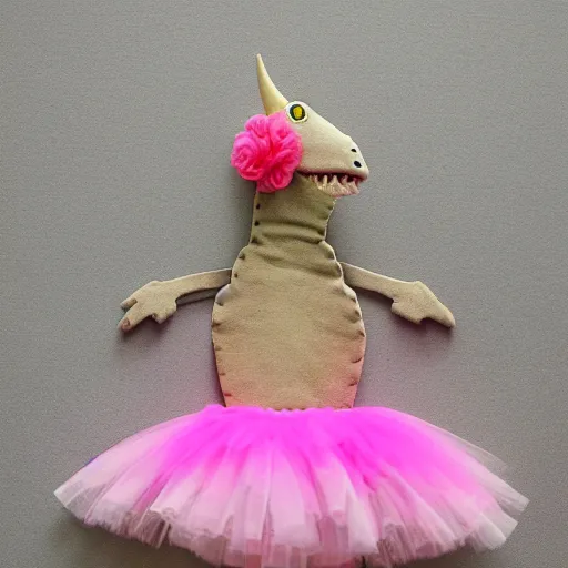 Prompt: dinosaur in a pink tutu