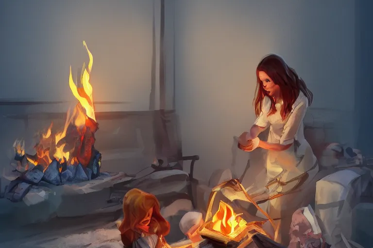 Image similar to a housewife hurries up to pack daughter's things, surrounded with fire, digital art, trending on artstation