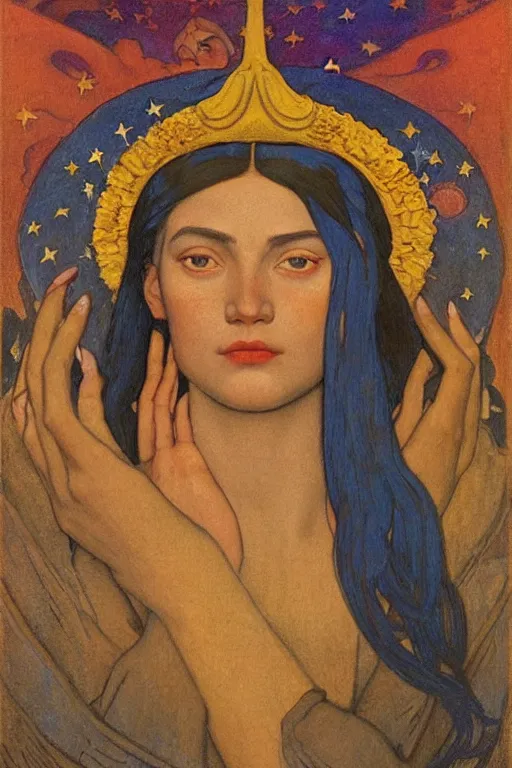 Image similar to girl with stars in her hair by Nicholas Roerich and Annie Swynnerton and Diego Rivera and jean delville, dramatic cinematic lighting , ornate headdress , flowing robes, sacred artifacts, lost civilizations, smooth, sharp focus, extremely detailed