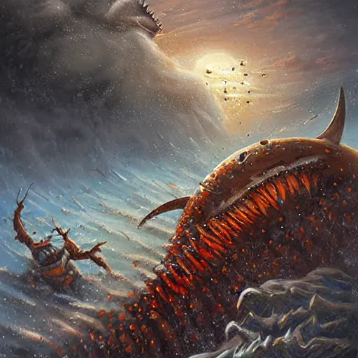 Prompt: a giant trypophobia shark worm attacks warriors in a snowy desert by the tony sart