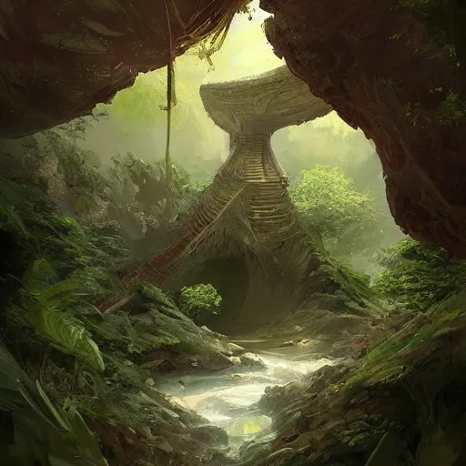 Image similar to a civilisation within a mysterious land where magical root bridges by gargi roy, concept art, artstation