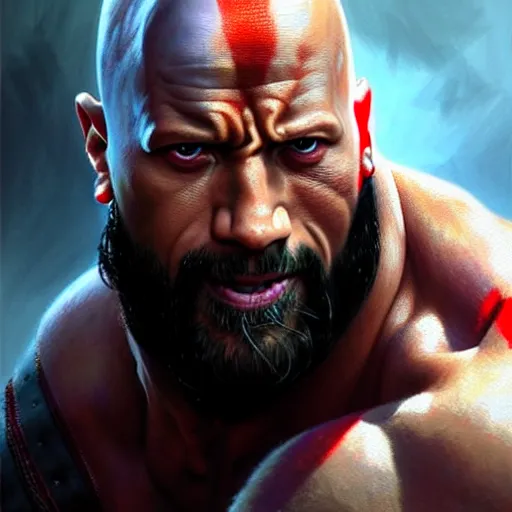 Image similar to portrait painting of dwayne johnson as kratos, ultra realistic, concept art, intricate details, eerie, highly detailed, photorealistic, octane render, 8 k, unreal engine. art by artgerm and greg rutkowski and charlie bowater and magali villeneuve and alphonse mucha