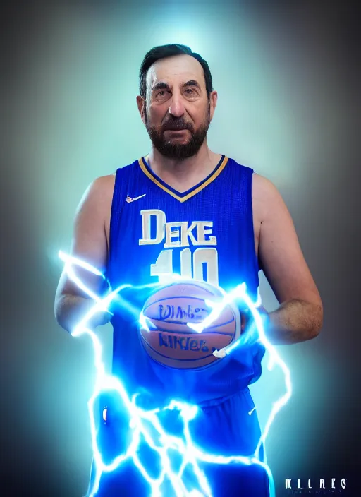 Prompt: portrait photography of mike krzyzewski as the god king emperor, blue devils, basketball, glowing, divinity power, volumetric light, unreal engine 5