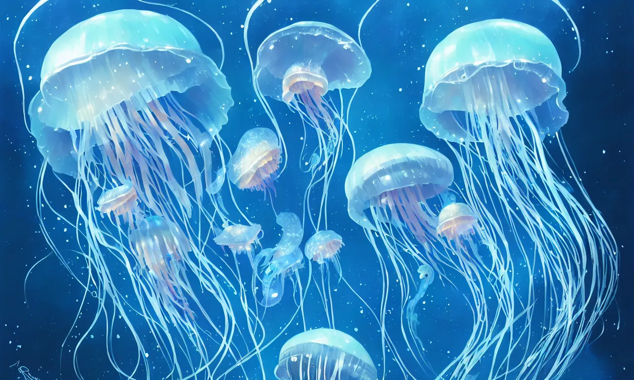 Image similar to detailed jellyfish in space, blue tones, underwater, full frame, highly detailed, digital painting, artstation, concept art, smooth, sharp focus, illustration, art greg rutkowski and alphonse mucha