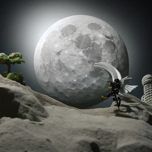 Prompt: full moon, travel upwards, flying, figurines, tilt shift, physical, style of 3 d, occlusion, white clay, style of dave mckean, style of shuzo oshimi, style of will eisner, full of color, on white, smooth, thin sharp lines, detailed, octane render