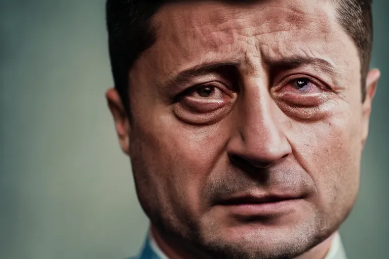 Prompt: a highly detailed cinematic headshot portrait photograph of a crying president zelensky stood in a field, zelensky is crying big yellow and big blue tears, golden hour, ultra realistic, depth, beautiful lighting, by annie leibovitz, hasselblad, 1 0 0 mm, bokeh, photorealistic, hyperrealistic, octane, masterpiece