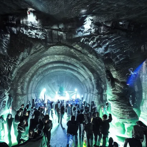 Image similar to crowded nightclub in the mines of moria, huge stone pillars, lights, goths and cyberpunks