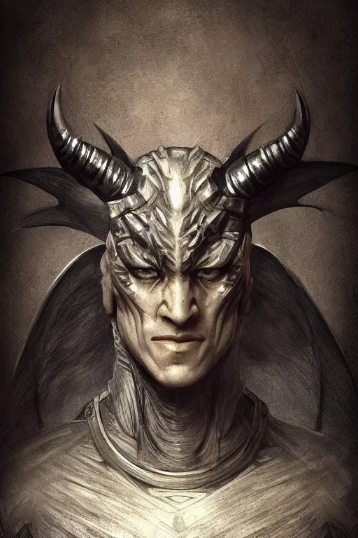 Prompt: Humanoid man, with black horns instead of ears, some black scales around his body, dragon tail, battle garments, fighter, high fantasy, portrait, by leonardo da vinci, artstationHD