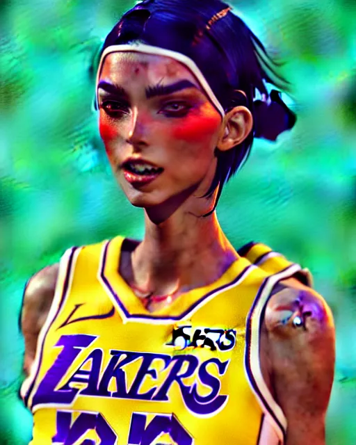 Prompt: a ultradetailed beautiful panting of a stylish woman in a lakers jersey, by conrad roset, greg rutkowski and makoto shinkai, trending on artstation