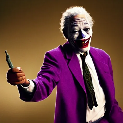 Image similar to a cinematic photograph of Morgan Freeman playing the Joker