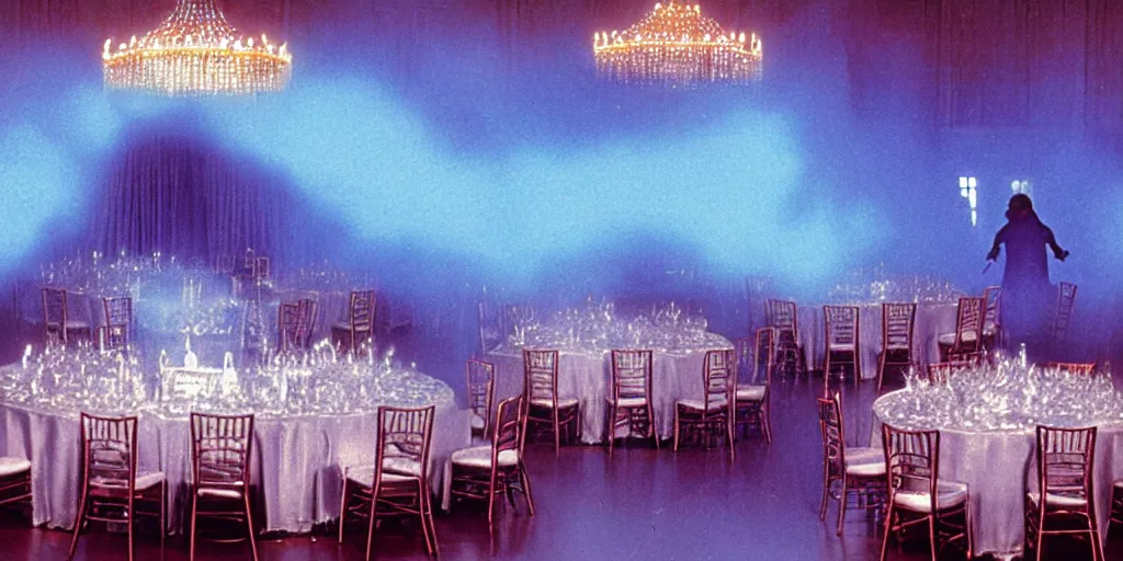 Image similar to a blue glowing phantom hovers inside of a banquet hall ( 1 9 8 4 ).