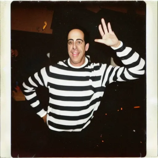 Image similar to jerry seinfeld dressed as a bee, halloween party, polaroid