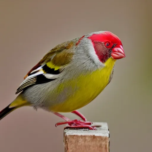 Image similar to a redbrowed finch with a magic wand in it's mouth,