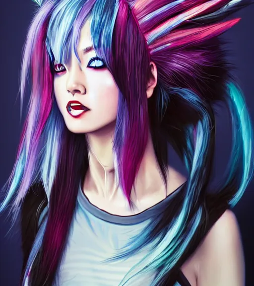 Prompt: ibuki mioda, a japanese punk girl with hair horns and streaked hair, rocking out, awesome, art by stanley lau, artgerm, rossdraws, ross tran, sakimichan, cyarine, beautiful art