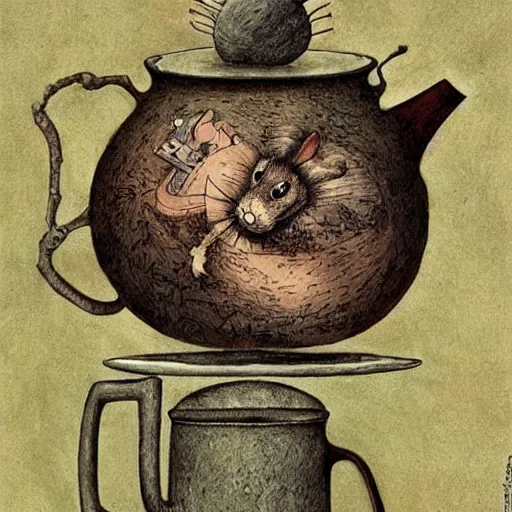 Prompt: dormouse from Alice in Wonderland poking its head out of the teapot, by Santiago Caruso, and M.C. Escher, fairy-tale illustration style, very detailed, colorful, beautiful, eerie, surreal, psychedelic