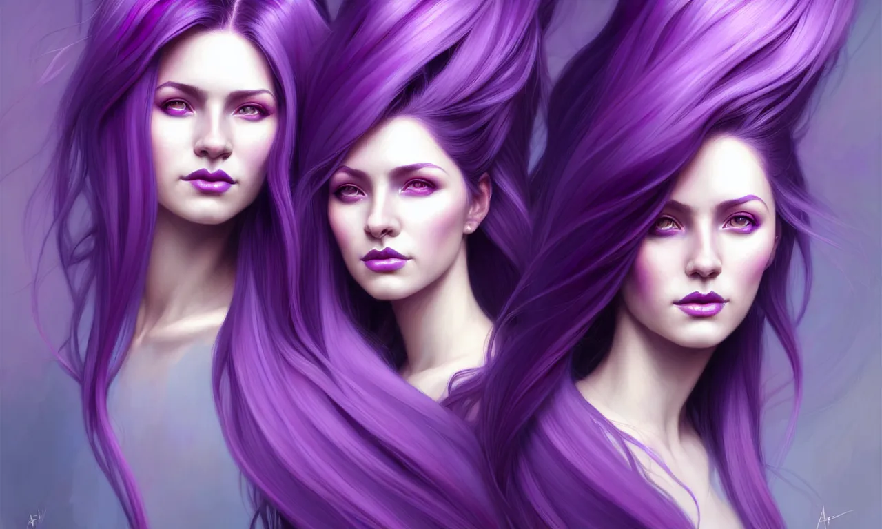 Image similar to Purple hair relistic Portrait of a two woman with bright colored flying hair, all shades of purple. Beauty face, Hair coloring, fantasy, intricate, elegant, highly detailed, digital painting, artstation, concept art, smooth, sharp focus, illustration, art by artgerm and greg rutkowski and alphonse mucha