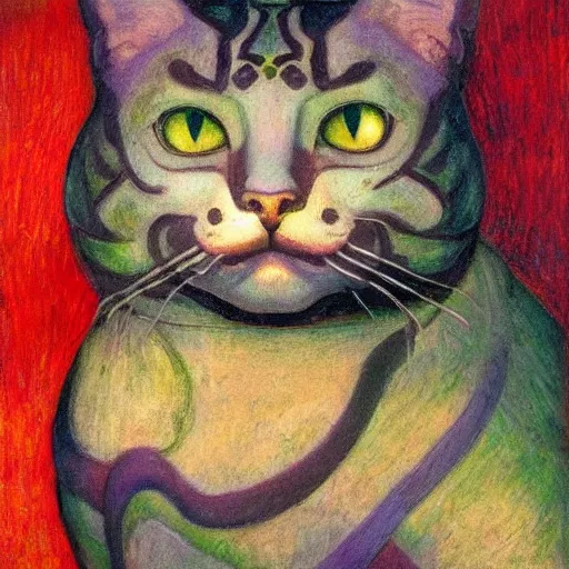 Prompt: painting of cloisonne cat head, by annie swynnerton and diego rivera and nicholas roerich and jean delville, symbolist, dramatic lighting, god rays, art brut, rich colors, smooth, sharp focus, extremely detailed, adolf wolfli and ( donato giancola and bilibin )