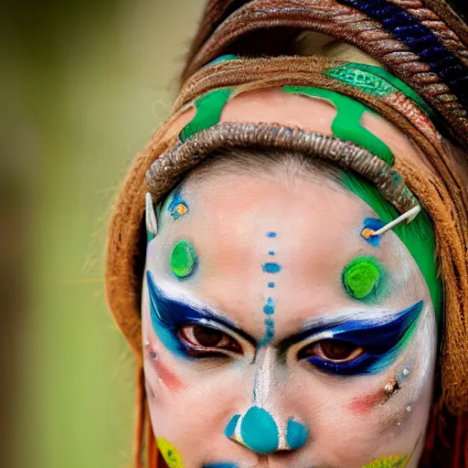 Prompt: minimalist photography portrait of aloy, an elaborately adorned female shaman warrior, face paint, symmetrical, super close up, mid thirties, cute round green slanted eyes, porcelain skin, wide nostrils, chubby cheeks, high flat eyebrows, ethereal essence, angelic, leica 1 0 0 mm f 0. 8