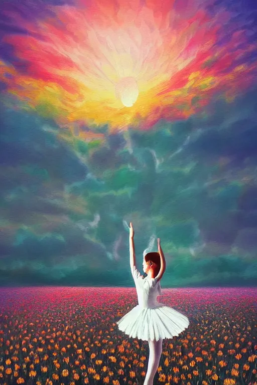 Image similar to giant white daisies flower as head, girl ballet dancing in a flower field, surreal photography, sunrise, dramatic light, impressionist painting, colorful clouds, digital painting, artstation, simon stalenhag