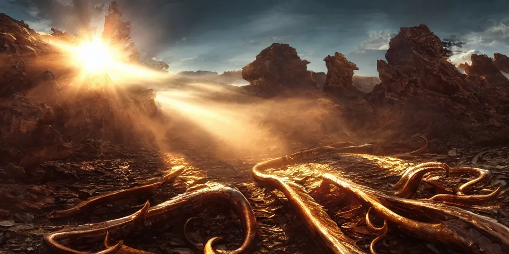 Image similar to ribs and spines and teeth, gold ram horns, copper goat skulls, grand imposing powerful sculpture. swirls of mist. sunrise, intense light beams, lens flare. occult photorealism, uhd, amazing depth, volumetric lighting, cinematic lighting. epic landscape.