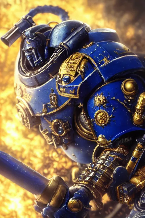 Prompt: a portrait of an ultramarine, space marine, warhammer 4 0 k setting, dynamic pose, close - up, intricate details, intricately detailed clothing, intricate textures, warm lighting, vivid colors, smoke and mist, realistic octane render, hyper realistic render, volumetric shading, depth of field, raytracing, 8 k,