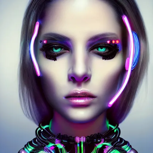 Prompt: very beautiful woman, bionic pupils, full face frontal centered, portrait, detailed intricate symmetrical ornate neon cables connected to head, clear lips, luxurious long hair, sophisticated futuristic neon fractal wiring and implants, translucent, laser, chrome, porcelain, fractal, sci fi, dramatic lighting, photography, highly detailed, artstation, deviantart, 8 k, by chie yoshii