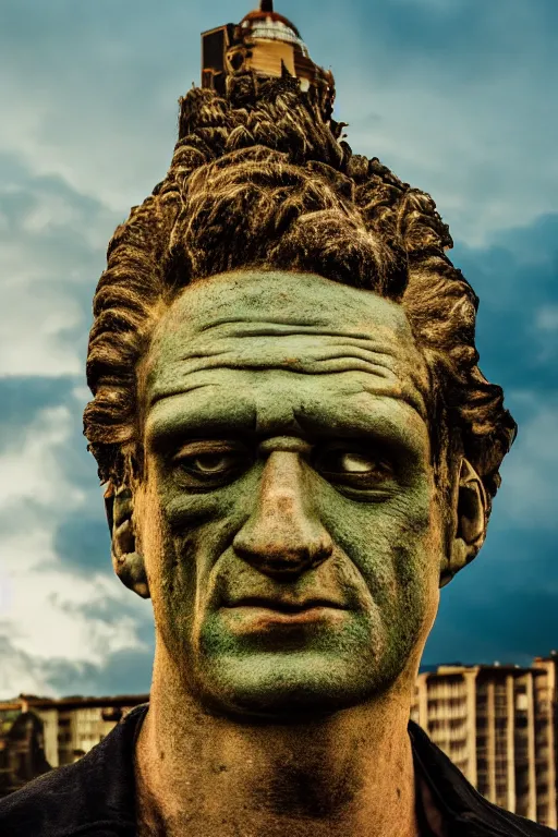 Prompt: closeup frontal portrait photography of frankenstein head sculpture breathing neon vaporwave clouds.. a large rococo tower in the background