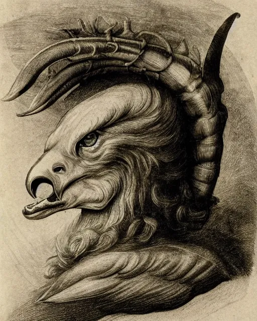 Prompt: a creature, human eyes, eagle beak, lion mane, two horns, drawn by da vinci