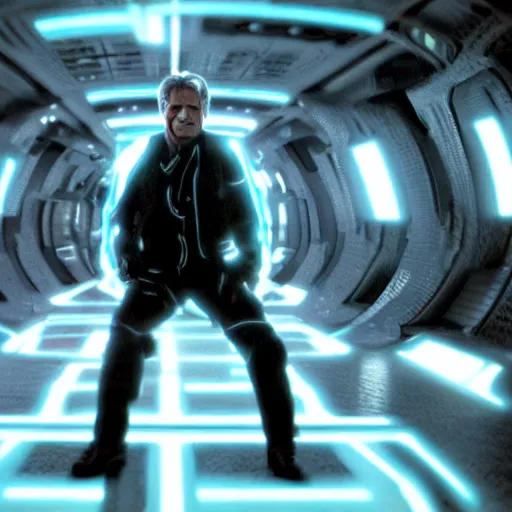 Prompt: film still of harrison ford in tron legacy ( 2 0 1 0 )
