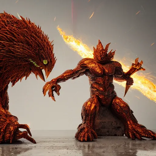 Image similar to evil steel chicken kaiju fights wooden angel kaiju, epic scale, hyper detailed, photorealistic, octane render, trending at cgstation, rule of thirds, 8 k.