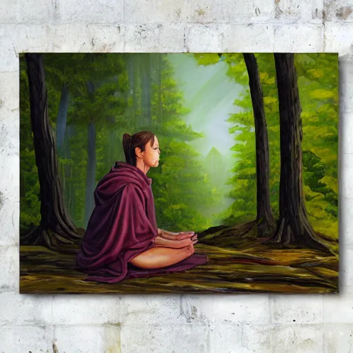 Image similar to A Jedi meditating in the forest, oil painting