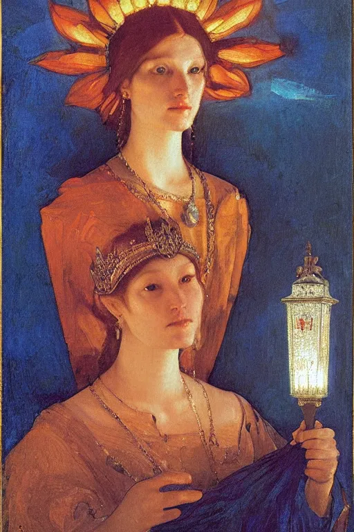 Prompt: queen of the twilight with her lantern , by Annie Swynnerton and Nicholas Roerich and Vermeer, strong dramatic cinematic lighting , ornate headdress , lost civilizations, smooth, sharp focus, extremely detailed