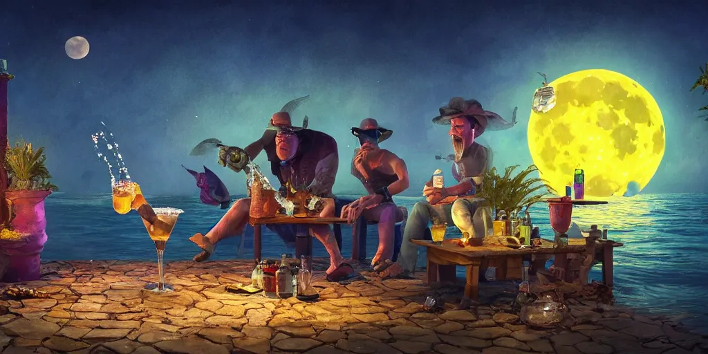 Prompt: fish enjoying a margarita during full moon with his worst enemies, colorful, contrast, 3 d scene, greg rutkowski, zabrocki, karlkka, jayison devadas, trending on artstation, 8 k, ultra wide angle, zenith view, pincushion lens effect