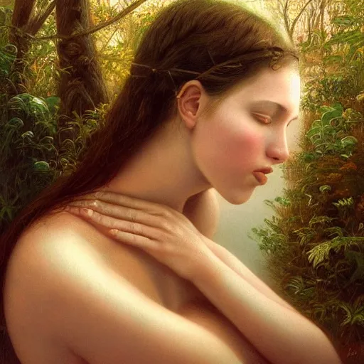 Prompt: A beautiful portrait of a woman with iridescent skin in a scenic environment by James C. Christensen