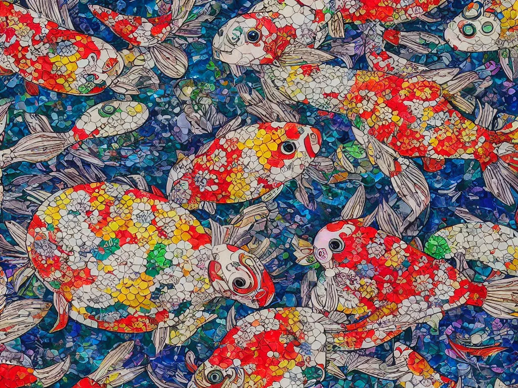 Image similar to breathtaking detailed concept art painting kaleidoscope of koi carp collage illustration pattern, 1 5 0 mm, tiny, small, miniature, short, cute and adorable, digital painting, highly detailed, intricate, elegant, artstation, concept art, colorful, beautiful, studio ghibli, aoshima chiho, takashi murakami, manga, cute and adorable