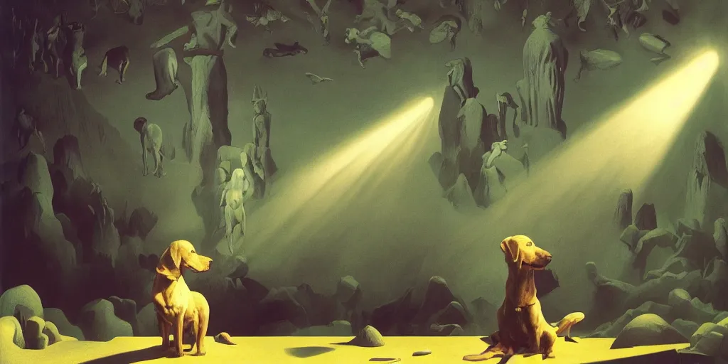 Prompt: incredible full page illustration, God of dogs in a beam of light, world upside down, worship of the gods, Edward Hopper and James Gilleard, Zdzislaw Beksinski, Mark Ryden, Wolfgang Lettl highly detailed, hints of Yayoi Kasuma, 8K, HD, high resolution print