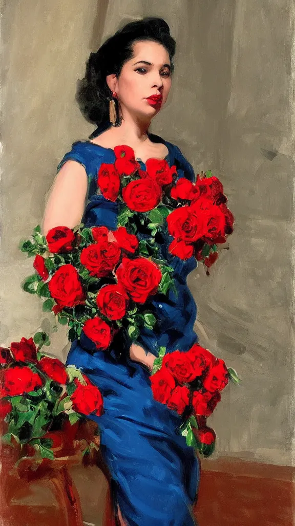 Image similar to portrait of rebekah delrio in lynch pattern dress beside of a big persian detailed pot of red roses, cinematic, artstation, blue and red lights painted by john singer sargent