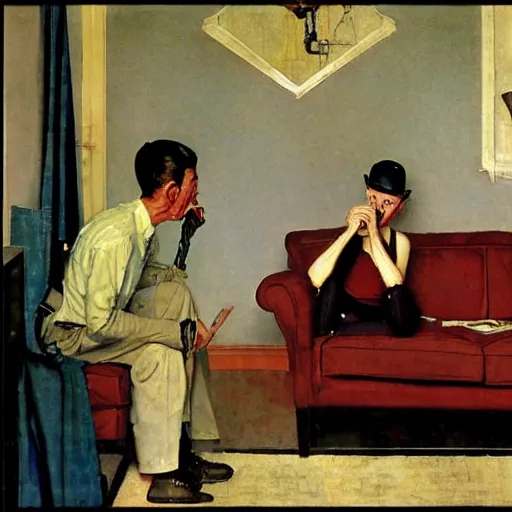 Image similar to a thin man screams at a telephone beside a sofa in a dark living room, painted by norman rockwell and tom lovell and frank schoonover