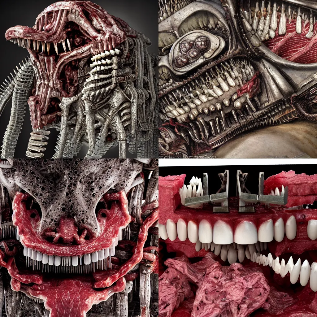 Prompt: a close up of a machine made of teeth and raw meat, concept art by giger, cgsociety, assemblage, trypophobia, greeble, grotesque