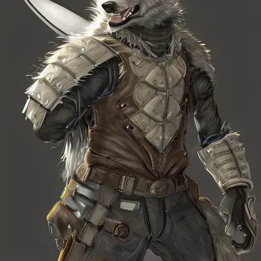 Prompt: a portrait of a wolf with carbon fiber armor and a knife sheathed on his hip, digital painting, furry fandom, furaffinity, detailed, professional